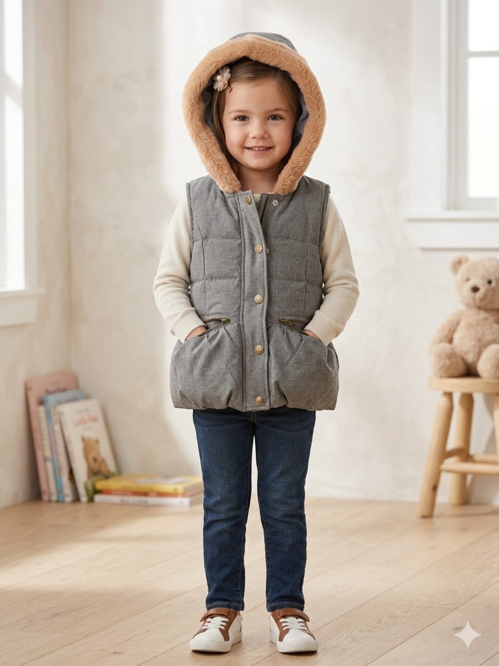 Kids Hooded Puffer Vest in Gray with Faux Fur Trim